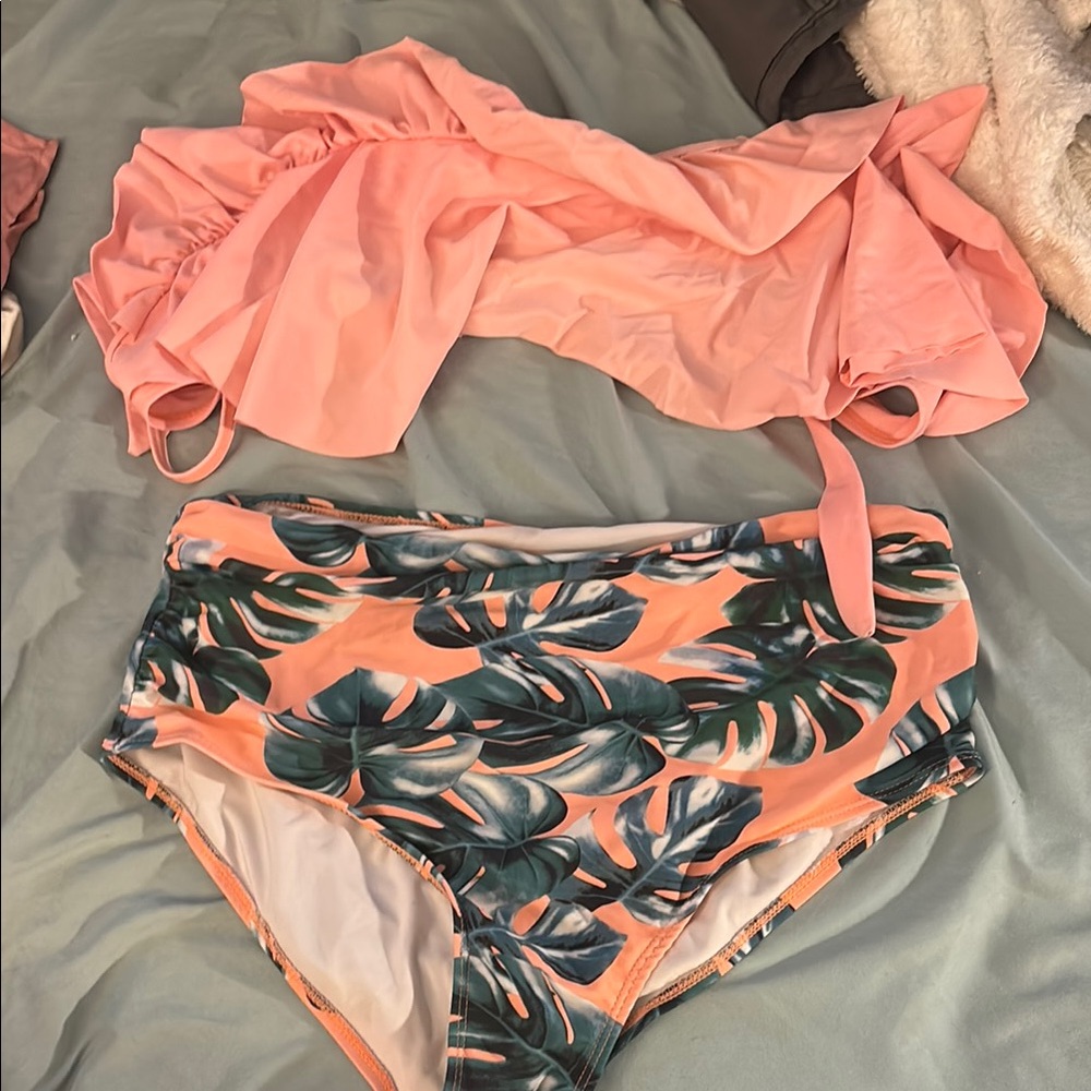 Tropical Leaf Print Bikini Set - Pink and Green